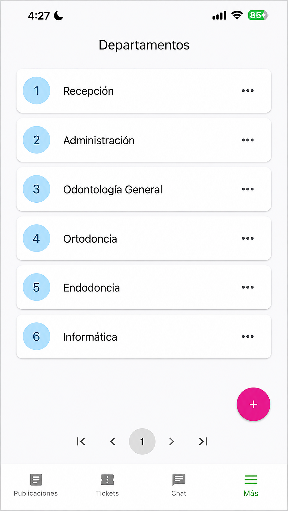 Pantalla móvil de CDC con la organización de departamentos.