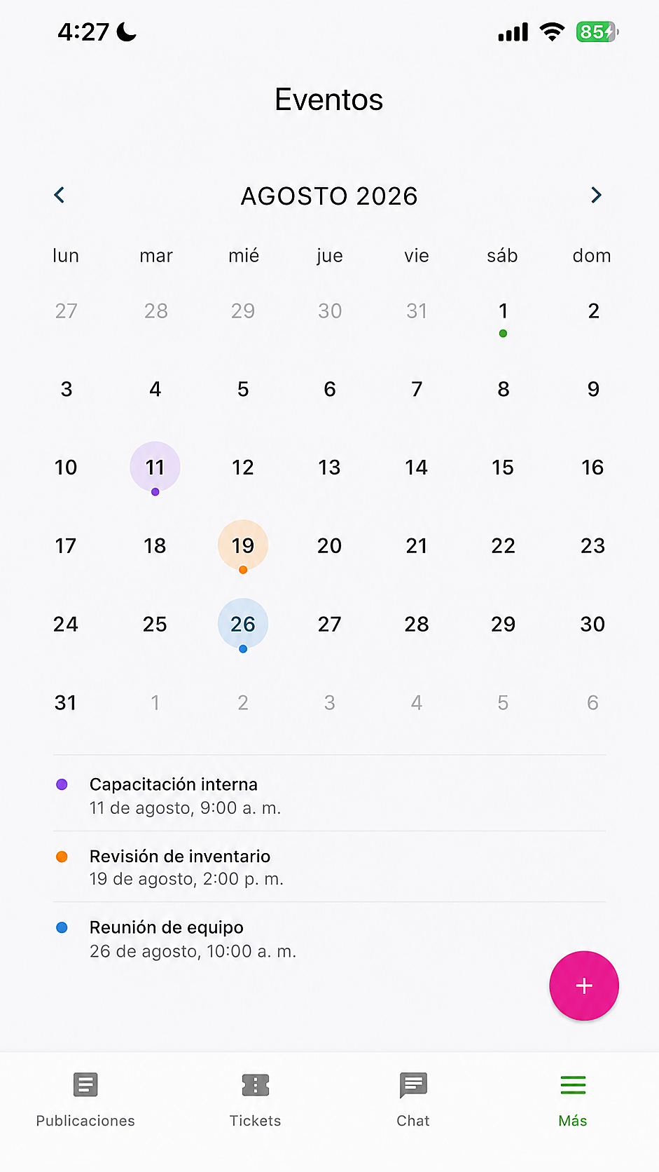 Pantalla móvil de CDC con el calendario de eventos internos.