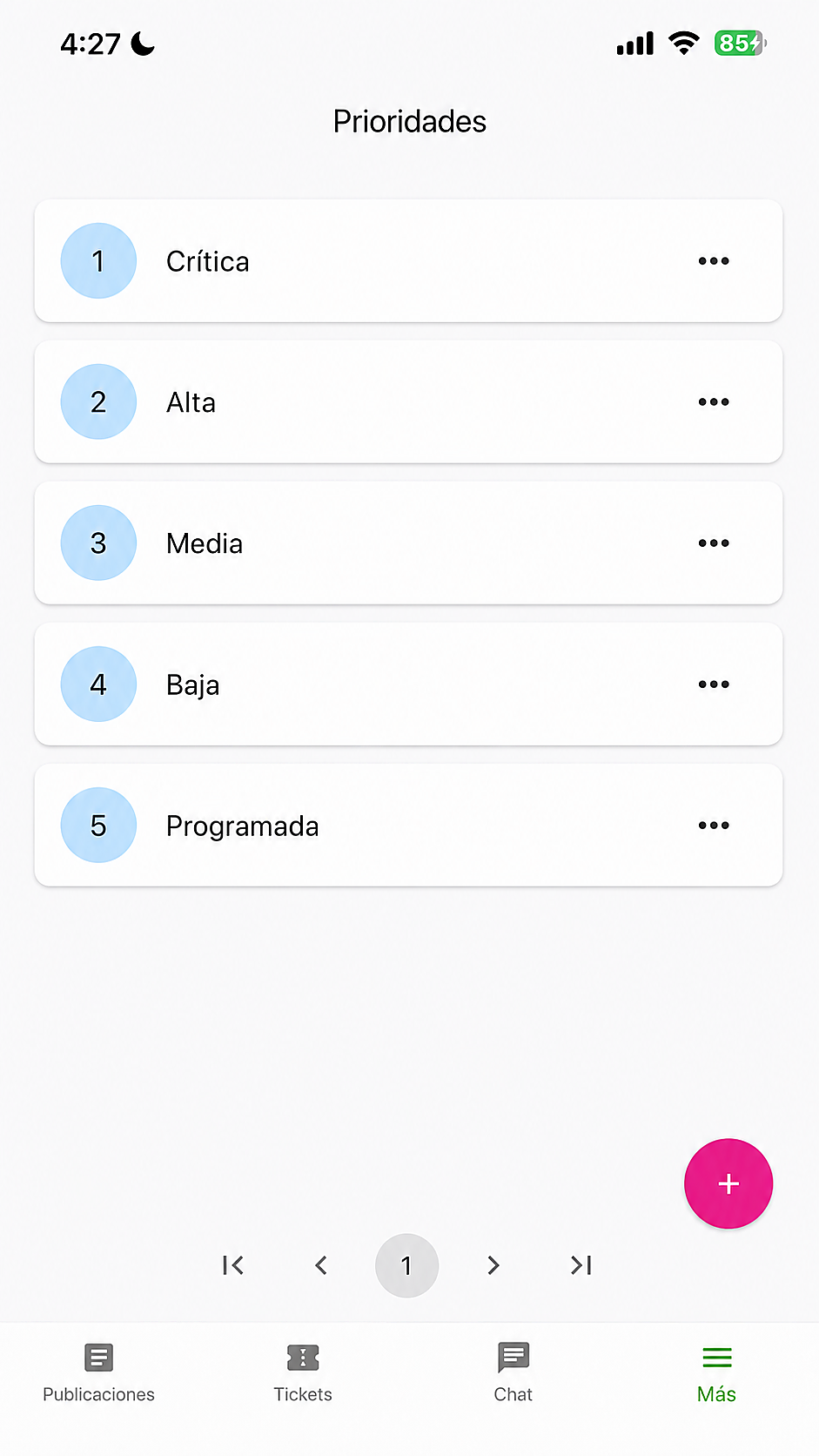Pantalla móvil de CDC con la configuración de prioridades.