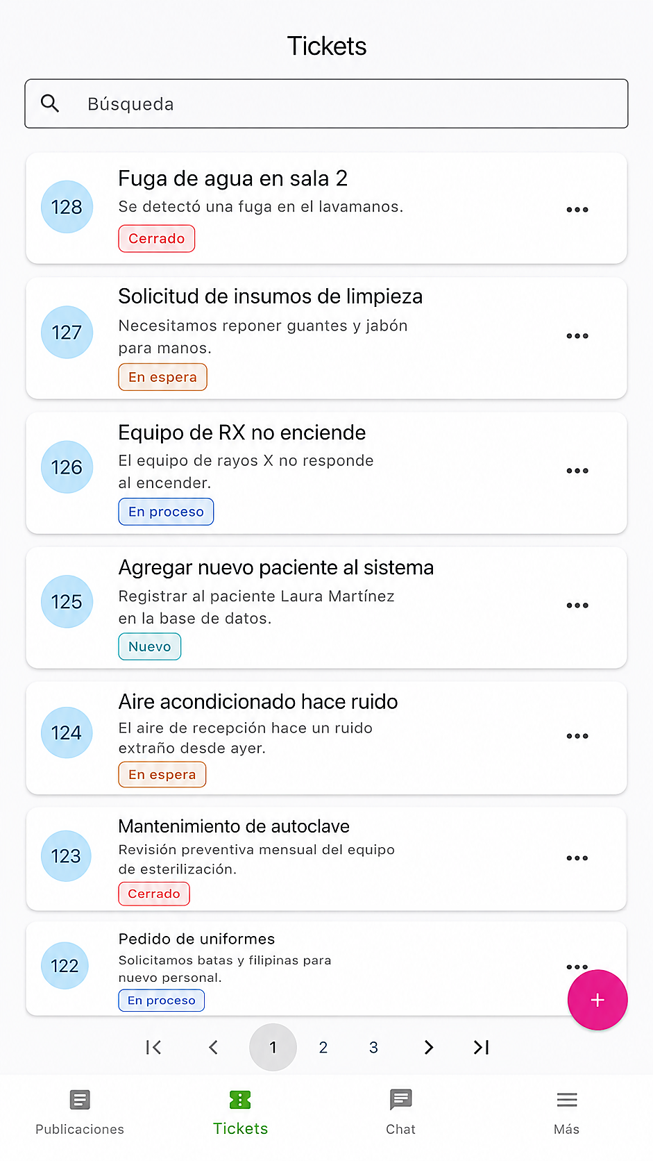 Pantalla móvil de CDC con el listado de tickets, búsqueda y estados de las solicitudes.