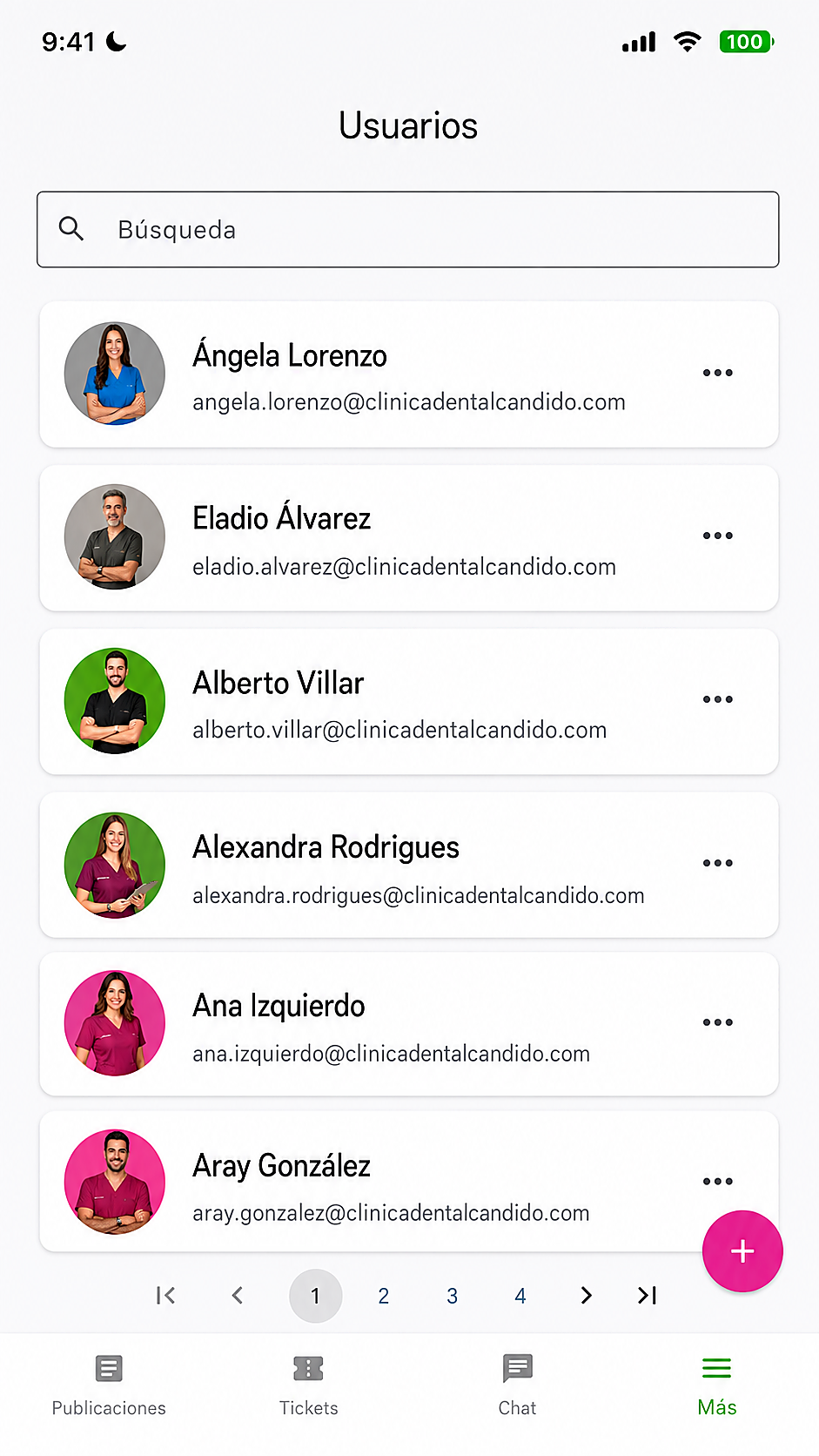 Pantalla móvil de CDC con la gestión de usuarios y perfiles.