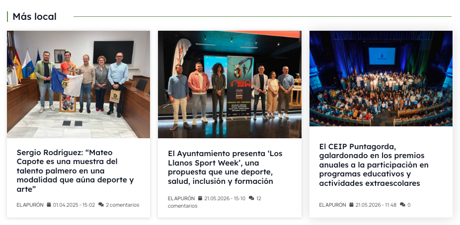 Sección de categorías de El Apurón con noticias locales organizadas en una cuadrícula editorial.
