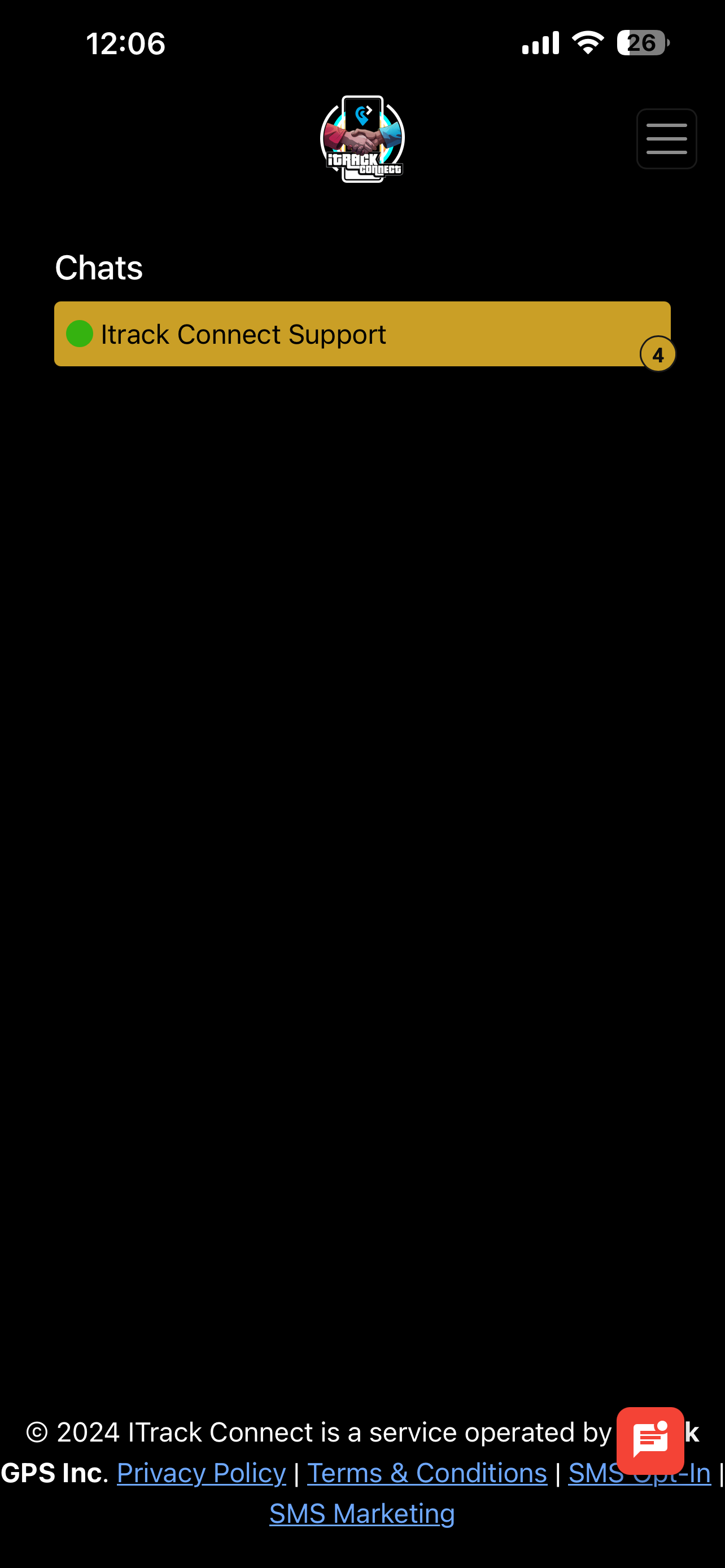 Pantalla de chats de soporte de ITrack Connect en móvil.
