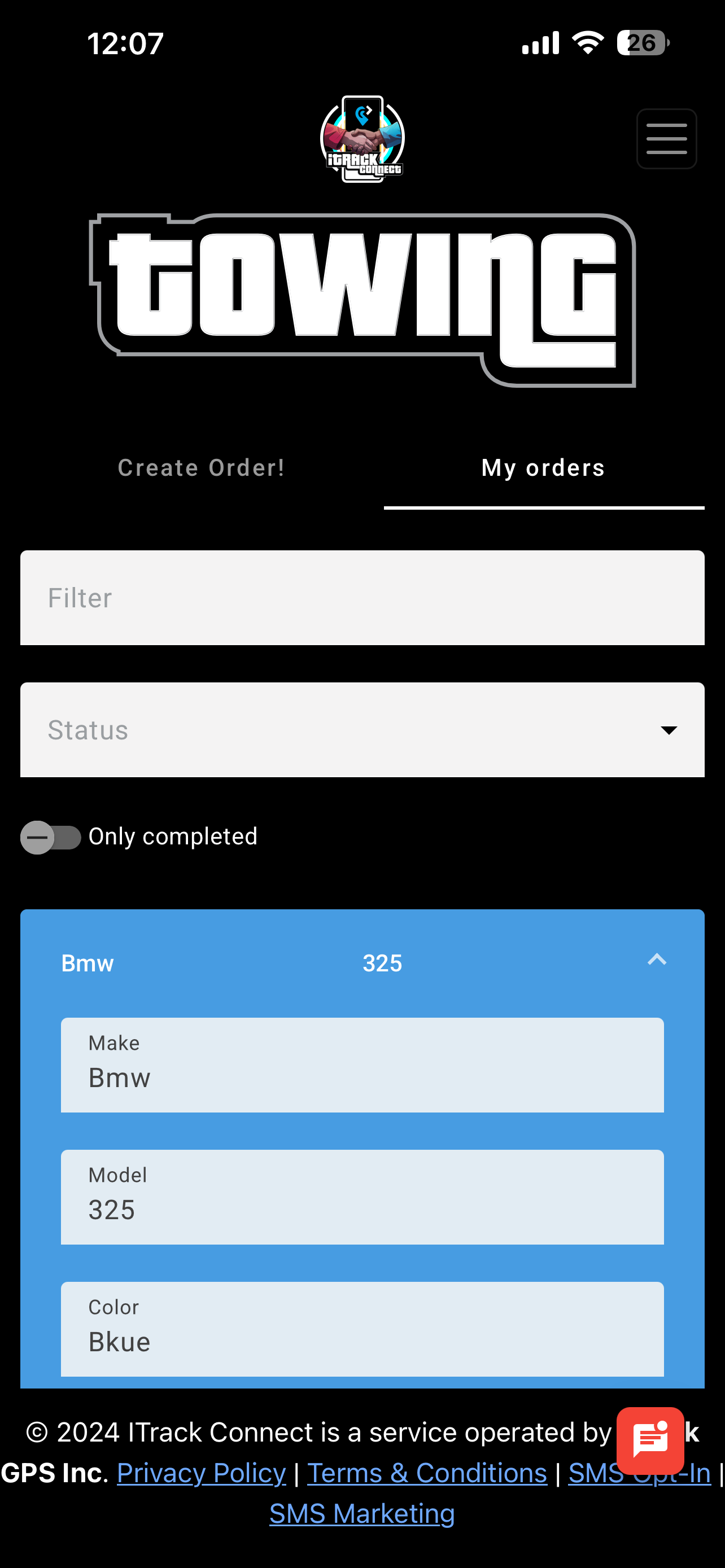 Pantalla de órdenes de grúa de ITrack Connect con filtros y un registro expandido.