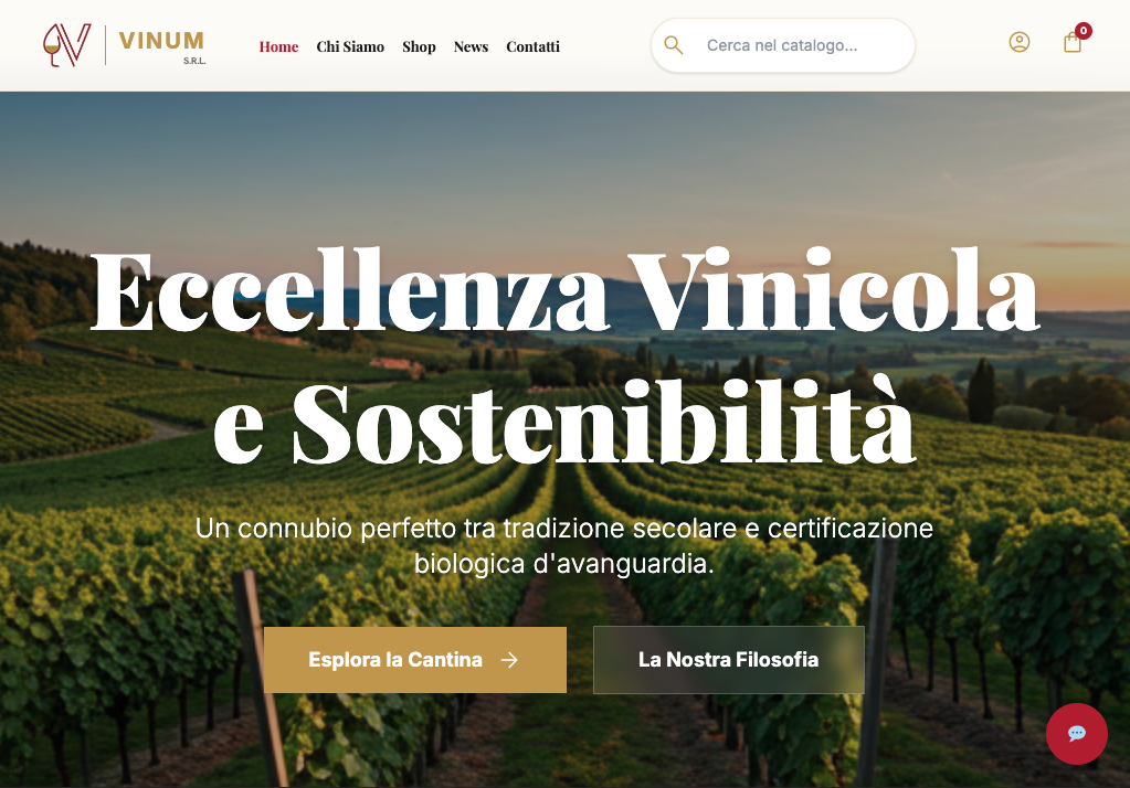 Portada de escritorio de Vinum con la identidad de marca, propuesta de valor y acceso al catálogo de vinos.