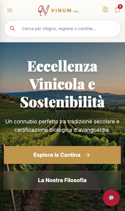 Portada móvil de Vinum con navegación, contenido y llamadas a la acción adaptadas a pantalla pequeña.