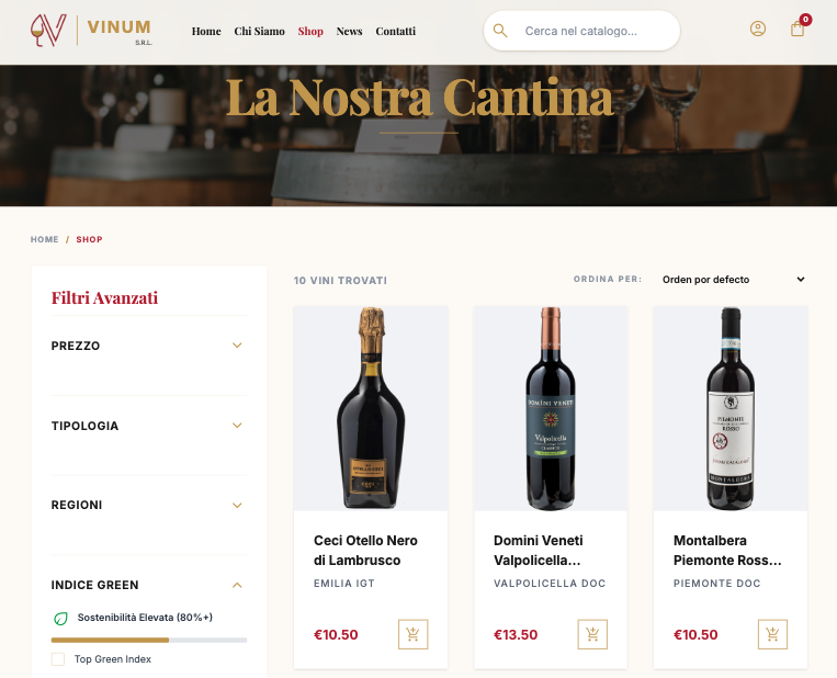 Catálogo de Vinum con búsqueda, filtros y listado de vinos.